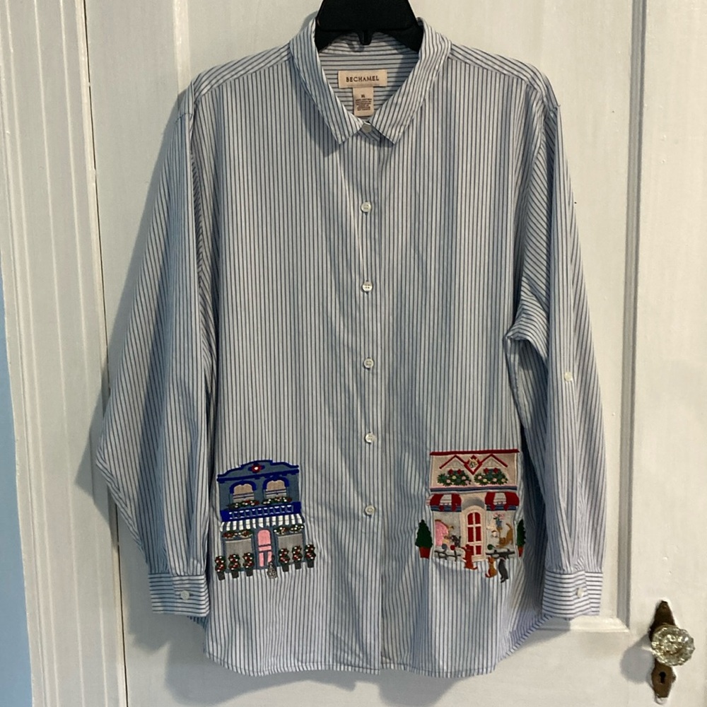 Bechamel Long Sleeve Button Down Women’s Shirt XL Embroidered Houses & Cats